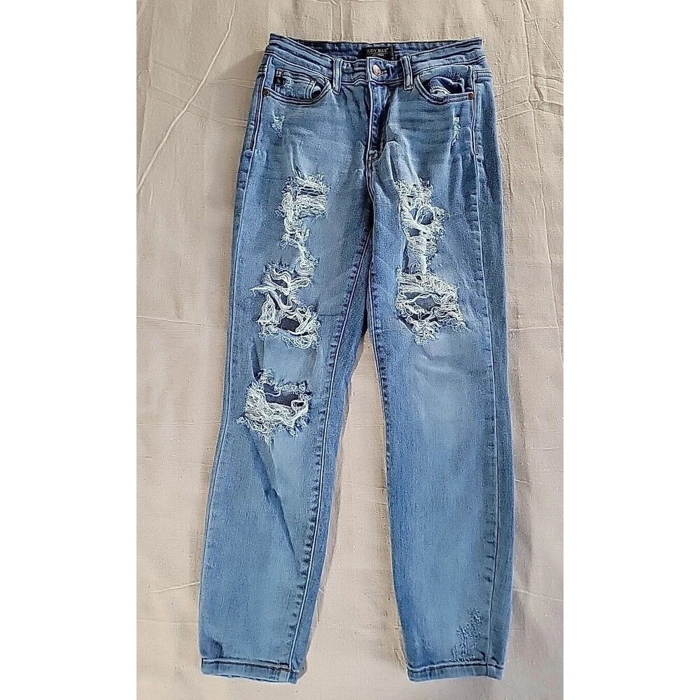 Judy Blue Womens 3 26 28x27 Jeans‎ Boyfriend Distressed Mid Rise Medium Logo EUC